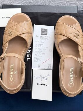 Authentic CHANEL Tan Quilted Leather Slingback Sandals with Gold CC size 41.5